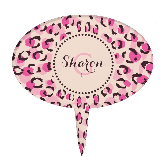 Modern chic pink cheetah print pattern monogram cake topper (Front)