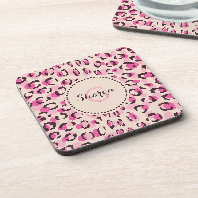 Modern chic pink cheetah print pattern monogram drink coaster (Left Side)