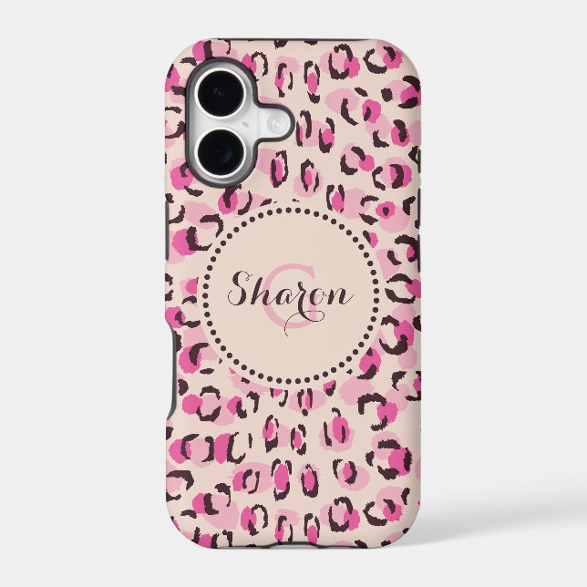 Modern chic pink cheetah print pattern monogram iphone case (Back)
