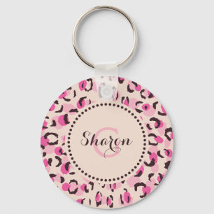 Modern chic pink cheetah print pattern monogram keychain