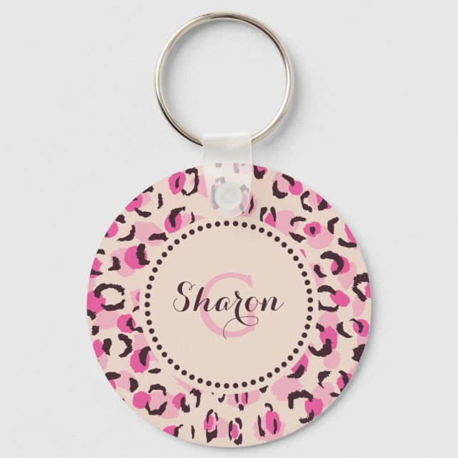 Modern chic pink cheetah print pattern monogram keychain (Front)