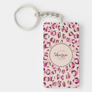 Modern chic pink cheetah print pattern monogram keychain
