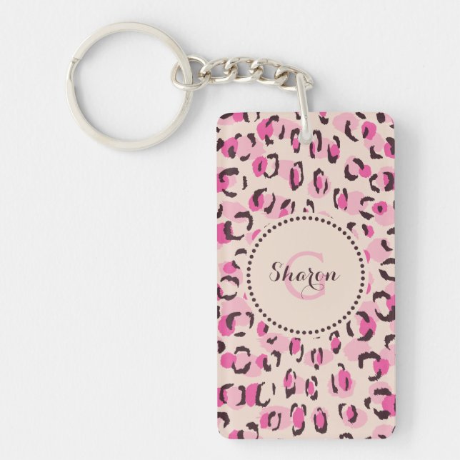 Modern chic pink cheetah print pattern monogram keychain (Front)