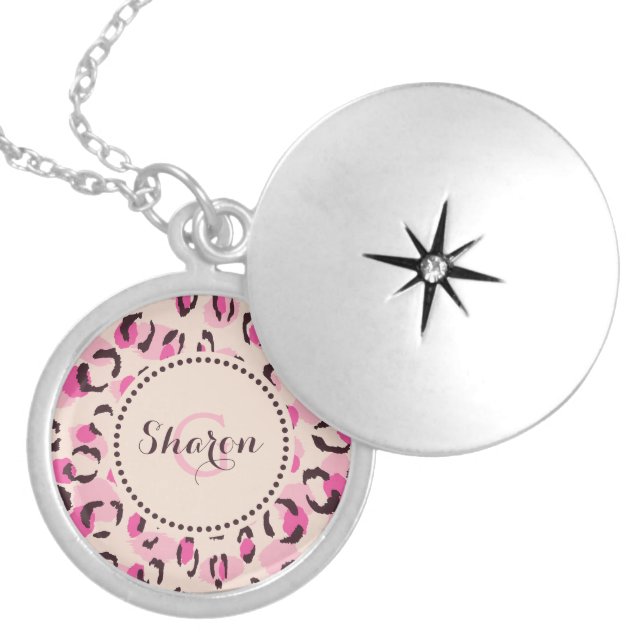 Modern chic pink cheetah print pattern monogram locket necklace (Front)
