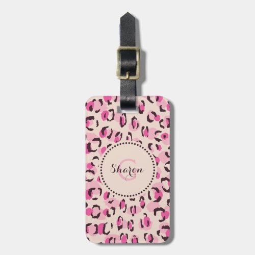Modern chic pink cheetah print pattern monogram luggage tag