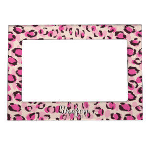 Modern chic pink cheetah print pattern monogram magnetic photo frame