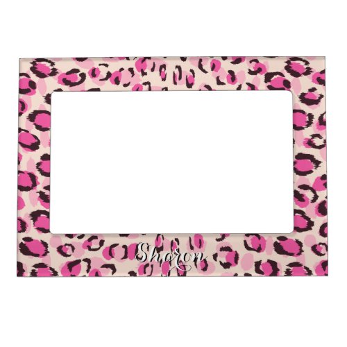 Modern chic pink cheetah print pattern monogram magnetic photo frame