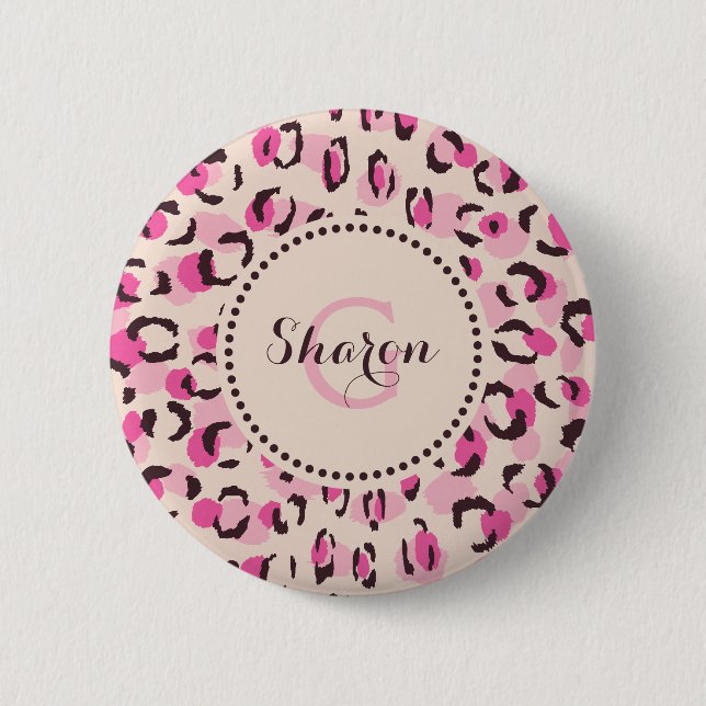 Modern chic pink cheetah print pattern monogram pinback button (Front)