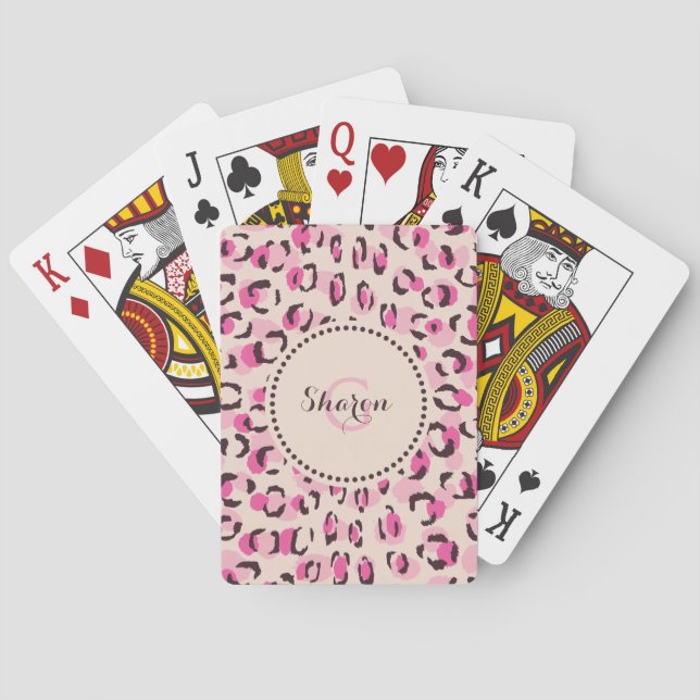 Modern chic pink cheetah print pattern monogram poker cards (Back)