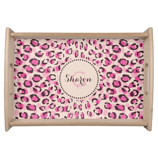 Modern chic pink cheetah print pattern monogram serving tray (Front)