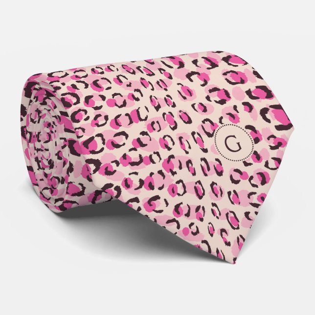 Modern chic pink cheetah print pattern monogram tie (Rolled)