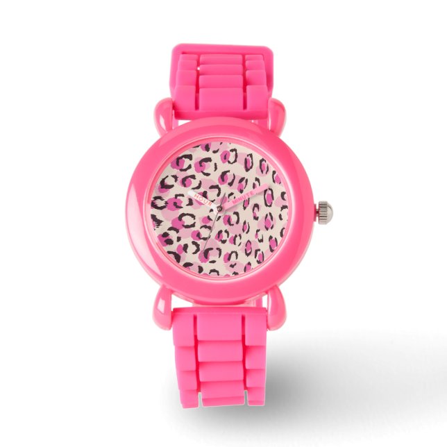 Modern chic pink cheetah print pattern monogram watch (Front)
