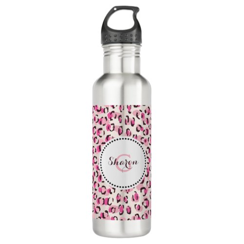 Modern chic pink cheetah print pattern monogram water bottle