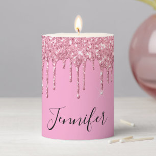 modern chic pink dripping glitters personalized pillar candle