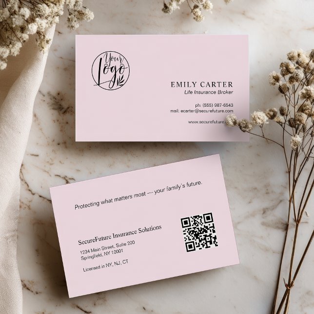 Modern Chic Pink Life Insurance Broker QR Code  Business Card (Modern Chic Pink Life Insurance Broker QR Code Business Card)