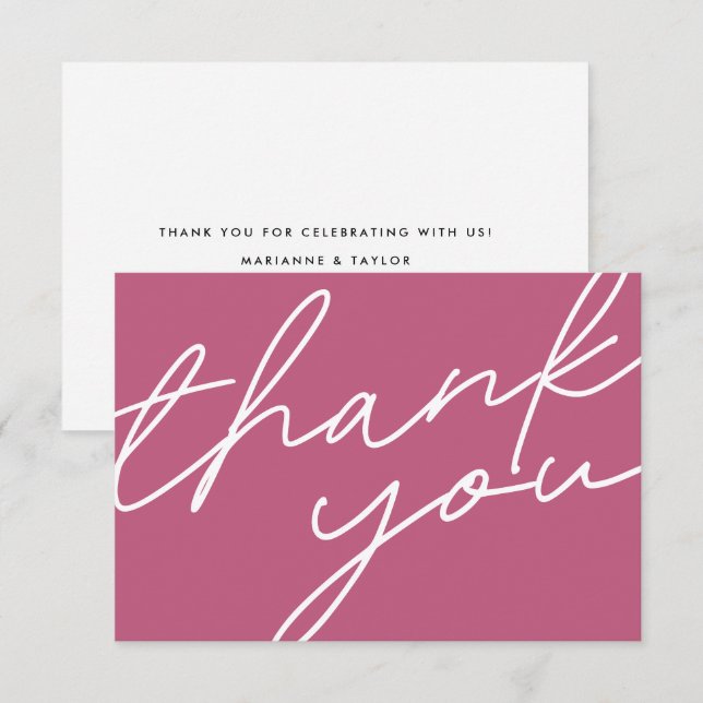 Modern Chic Pink Lily Calligraphy Script Wedding Thank You Card (Front/Back)