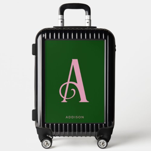 Modern Chic Pink Monogram Initial on Dark Green Luggage