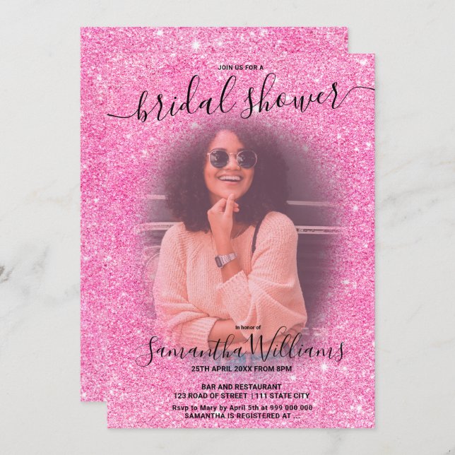 Modern chic pink pink glitter photo bridal shower invitation (Front/Back)