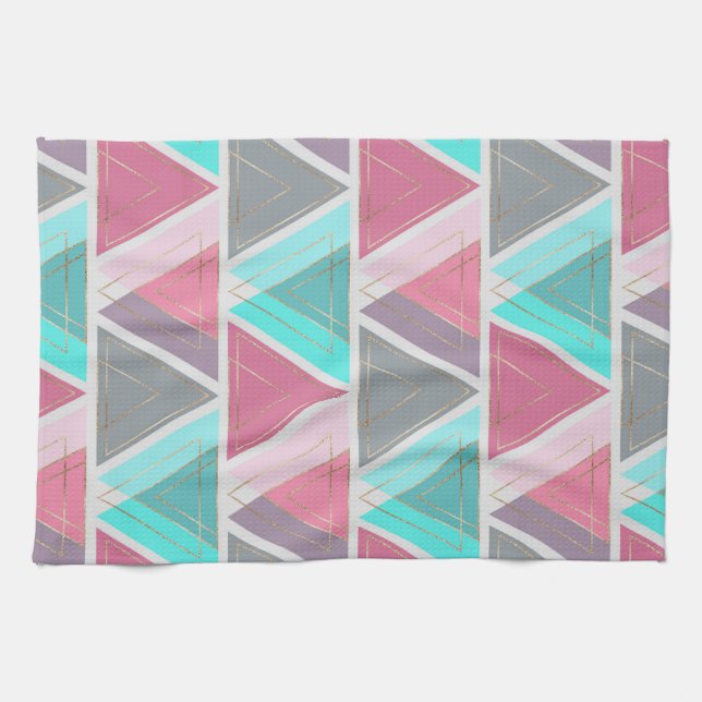 Modern Chic Pink Teal Gold Geometric Triangles Kitchen Towel (Horizontal)