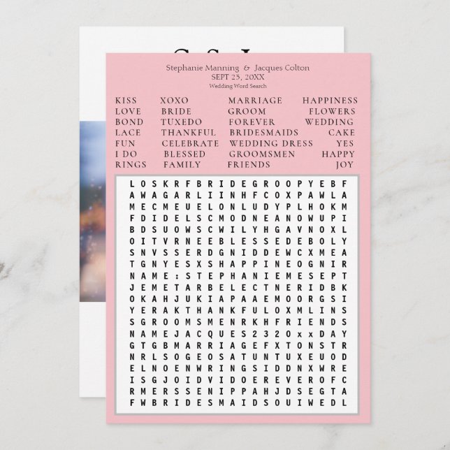 Modern Chic Pink Wedding Word Search Save Date Invitation (Front/Back)