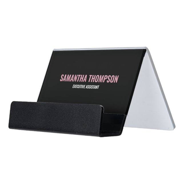 Modern Chic Pink, White & Black   Desk Business Card Holder (Angled Front)