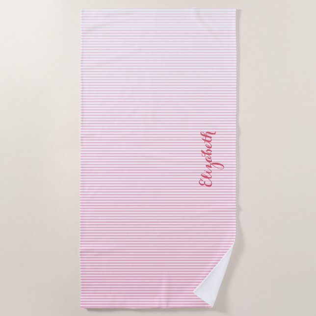 Modern Chic Pink White Stripes Monogrammed Pool Beach Towel (Front)
