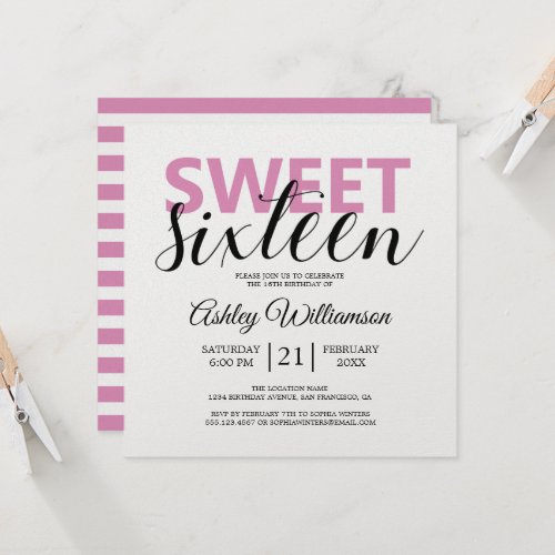 Modern Chic Pink White Stripes Pink Sweet 16 Invitation