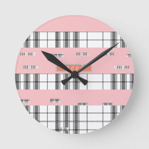 Modern Chic Plaid Black and Pink Wall Clock