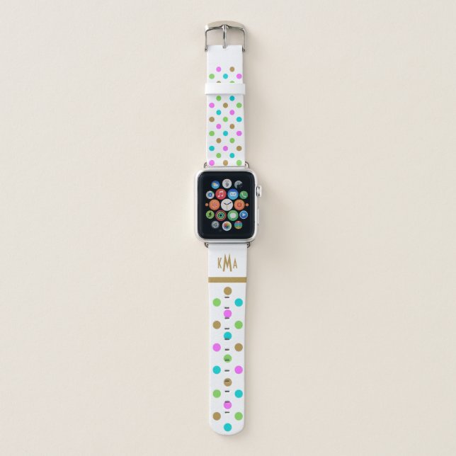 Modern Chic Polka Dots Monogrammed White Apple Watch Band (Front)