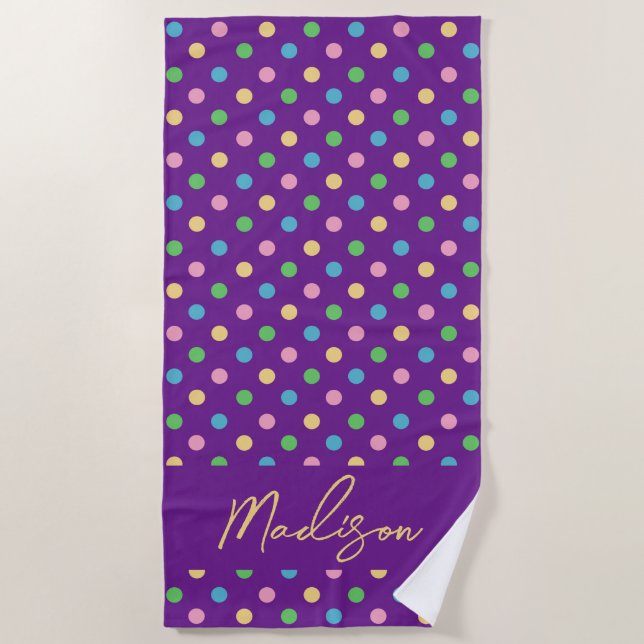 Modern Chic Polka Dots Personalized Purple Beach Towel (Front)