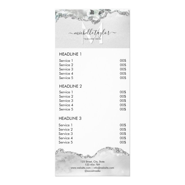 Modern Chic Price List Service Monogram Silver  Rack Card (Front)