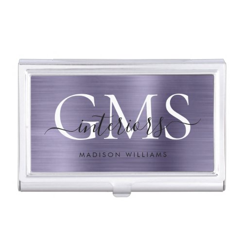 Modern Chic Purple Brushed Metal 3 Monogram Script Business Card Case