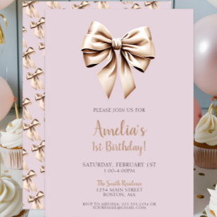 Modern Chic Purple Coquette Bow 1st Birthday Invitation