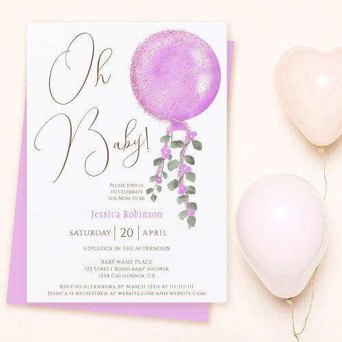 Modern chic purple glitter balloon Oh baby shower Invitation