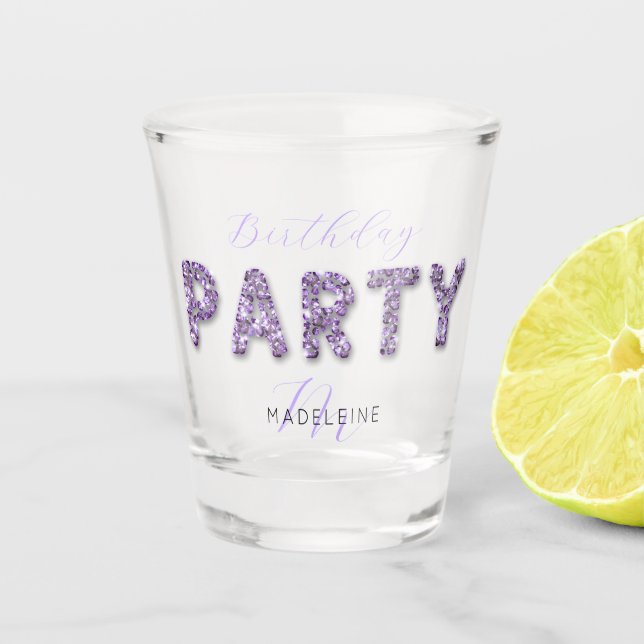 Modern Chic Purple Glitter Monogram Birthday Party Shot Glass (Front)