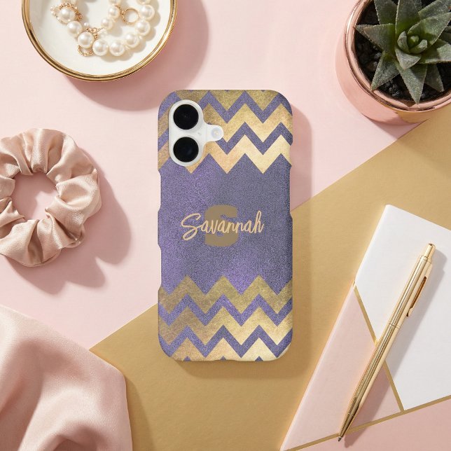 Modern Chic Purple Gold Glitter Chevron Monogram Case-Mate iPhone Case (Creator Uploaded)