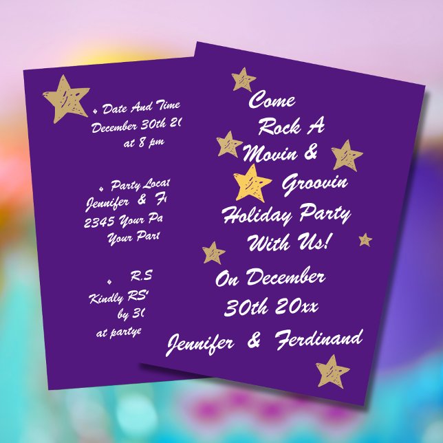 Modern Chic Purple Gold Star Groovy Holiday Party  Invitation (Modern chic white script on purple background with gold stars groovy holiday party invitation.)