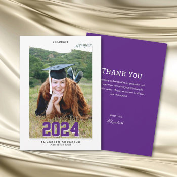 Modern Chic Purple Graduate 2024 Graduation Photo Thank You Card by littleteapotdesigns at Zazzle