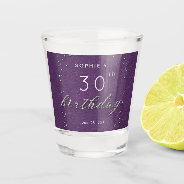 Modern Chic Purple Sparkle Glitter Birthday Party Shot Glass (Front)