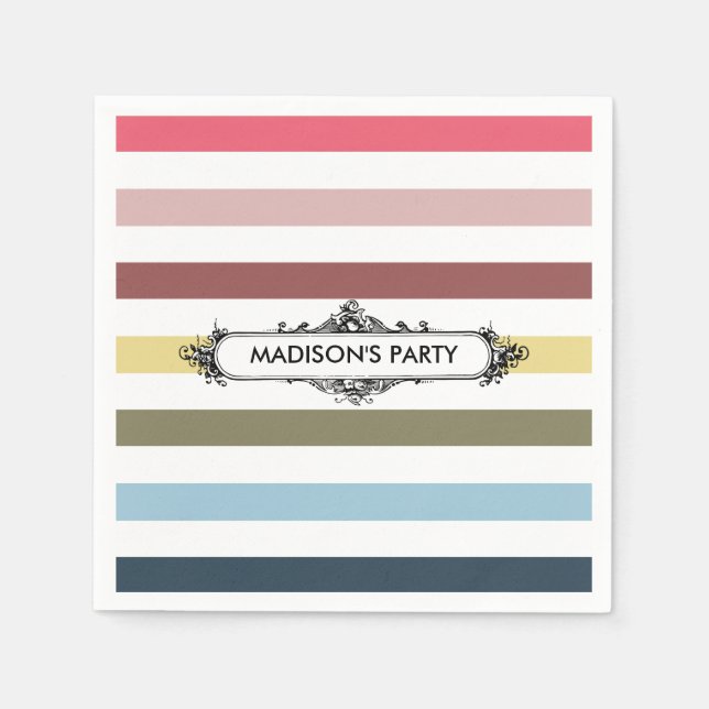 Modern Chic Rainbow Stripes With Party Name Napkins (Front)