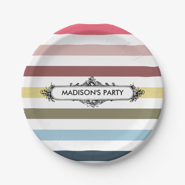 Modern Chic Rainbow Stripes With Party Name Paper Plates (Front)