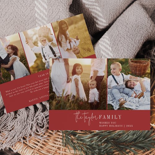 Modern Chic Red Family Photo Collage Newsletter Holiday Card