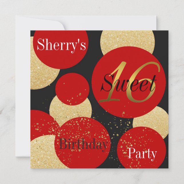 Modern Chic Red Glitter Gold Sweet 16 Invitation (Front)