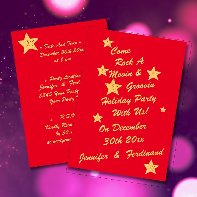 Modern Chic Red & Gold Stars Groovy Holiday Party  Invitation (Modern Chic Red & Gold Stars Groovy Holiday Party Invitation)