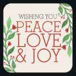 Modern Chic Red Peace Joy Love Christmas Holiday Square Sticker<br><div class="desc">The design features "Peace,  Love  & Joy' text in a modern red font with Christmas branch accent.</div>