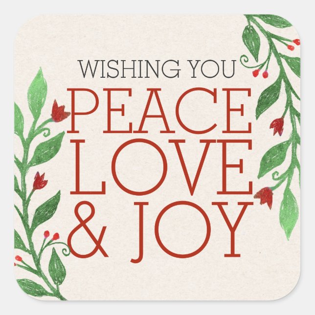 Modern Chic Red Peace Joy Love Christmas Holiday Square Sticker (Front)