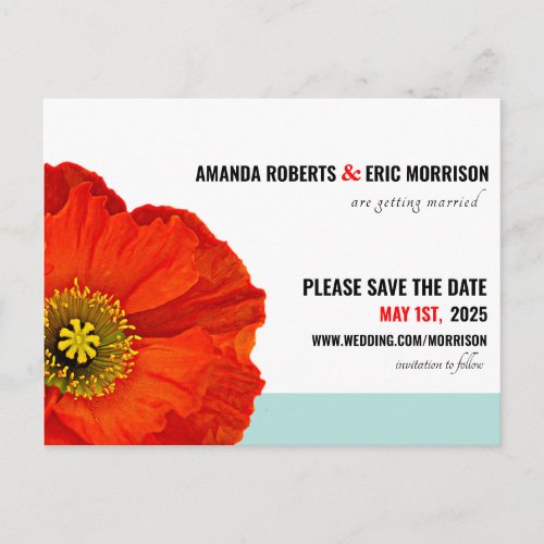 Modern Chic Red Poppy Mint Teal Save The Date Postcard