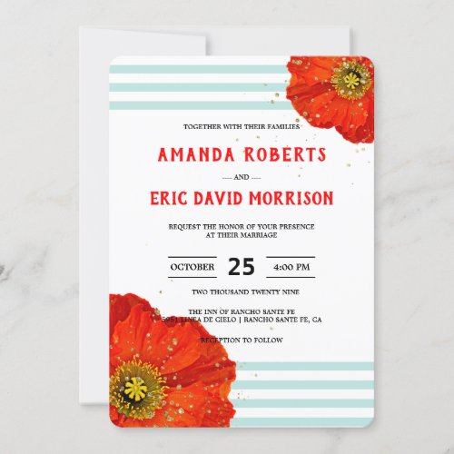 Modern Chic Red Poppy Mint Teal Stripes Wedding Invitation