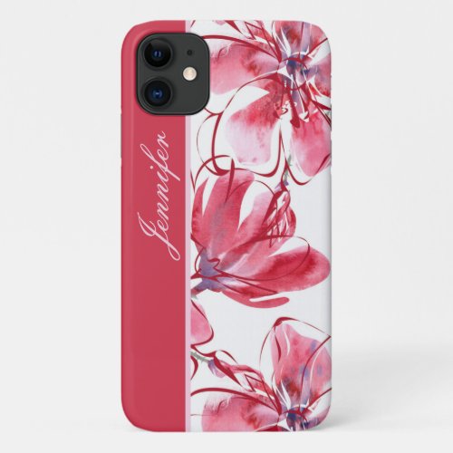 Modern Chic Red Tropical Floral Personalized Name iPhone 11 Case