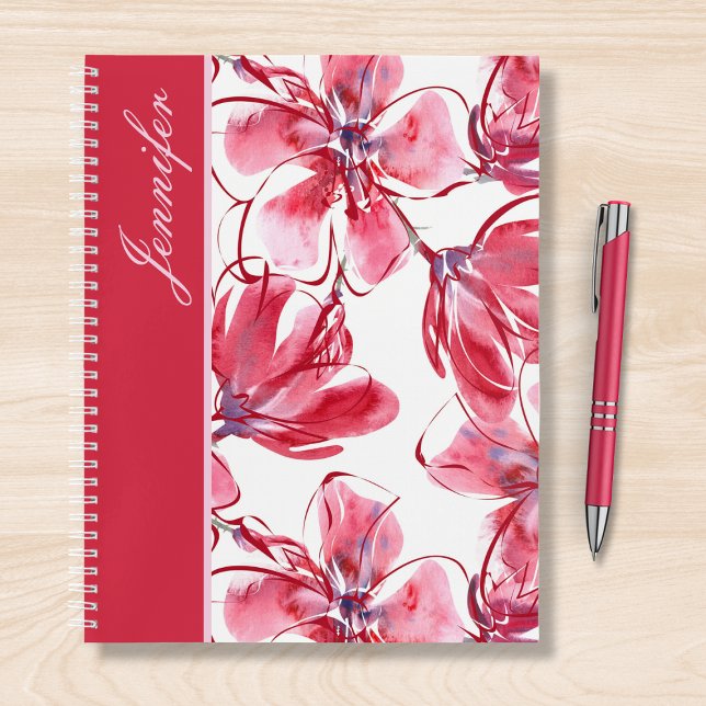 Modern Chic Red Tropical Floral Personalized Name Notebook (Creator Uploaded)